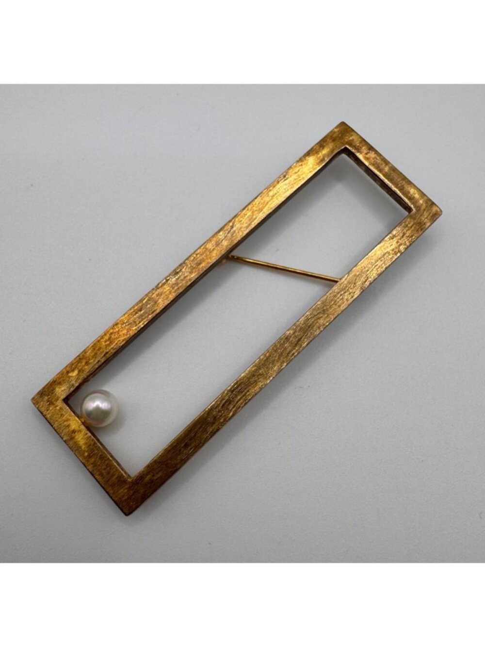 Artisan Sterling Silver Pearl Modernist Bar Brooch Signed A Retro MCM
